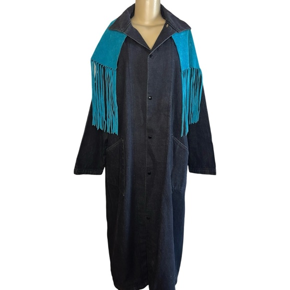 Vintage 80s Robbie Phillips Leather Wear Denim Fringe Trench Coat